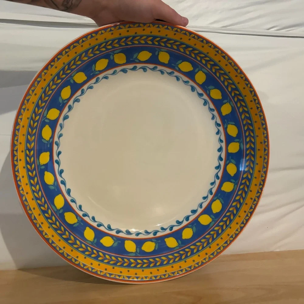 Furio Home Portugal Lemon Serving Bowl 12.75in Hand Painted Ceramic Blue Yellow